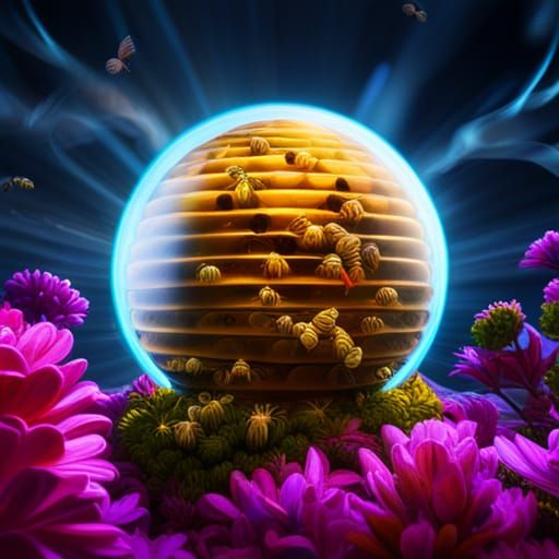 Glowing Beehive in Glass Orb: Digital Fantasy Art