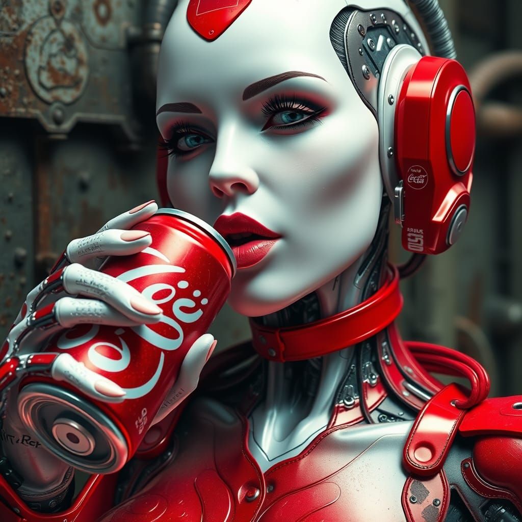Cyborg Woman Drinks Coca-Cola in Cyberpunk Style