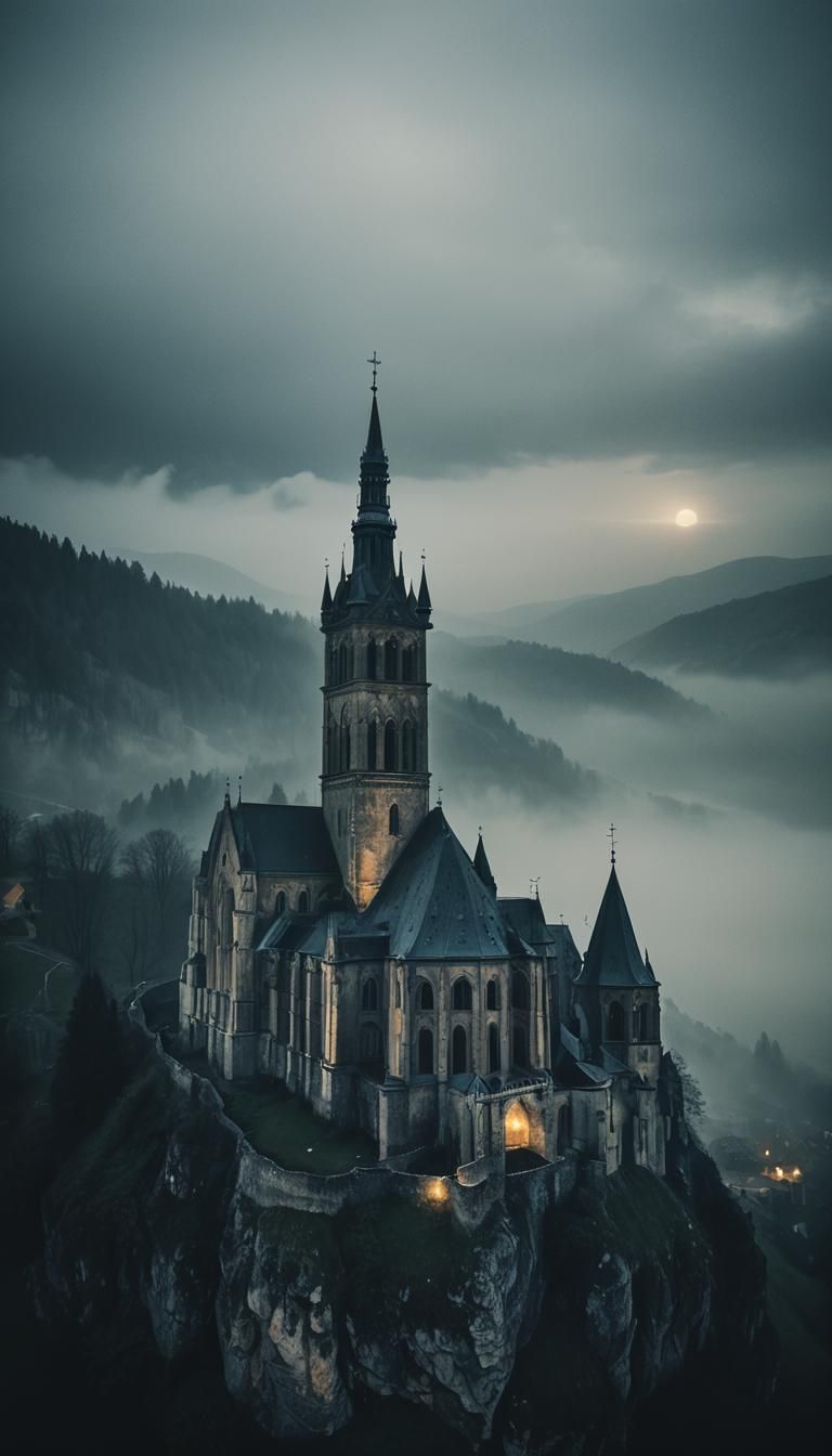 Romanian Abbey in Dark Mist: Cinematic Film Still