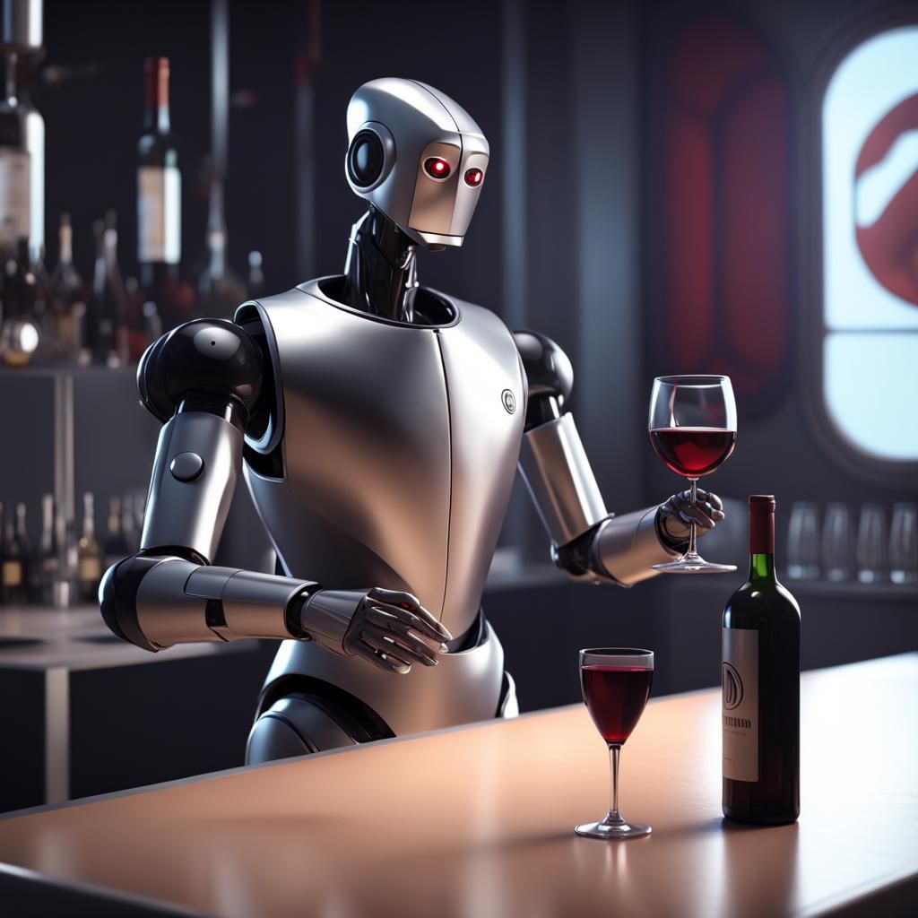Futuristic Robot Butler Serving Wine: Sci-Fi Concept Art