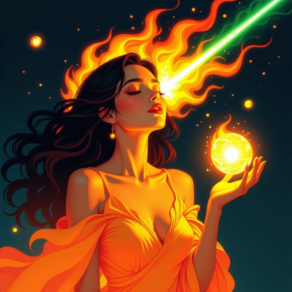 Woman Radiating Fiery Energy as Laser Projection