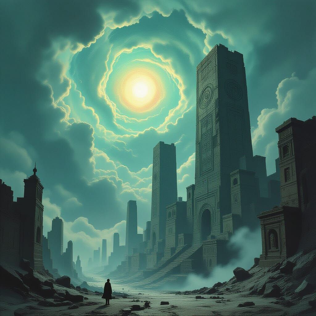 Desolate Cosmic Cityscape Under Nebulae Sky