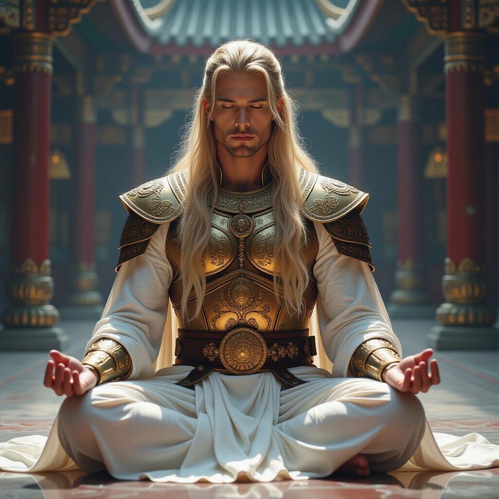 Meditating Armored Warrior in Futuristic Style