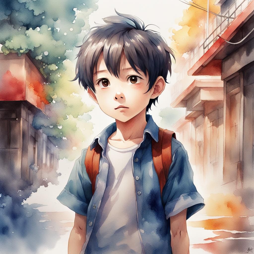 Anime Style Watercolor Painting of a Young Boy