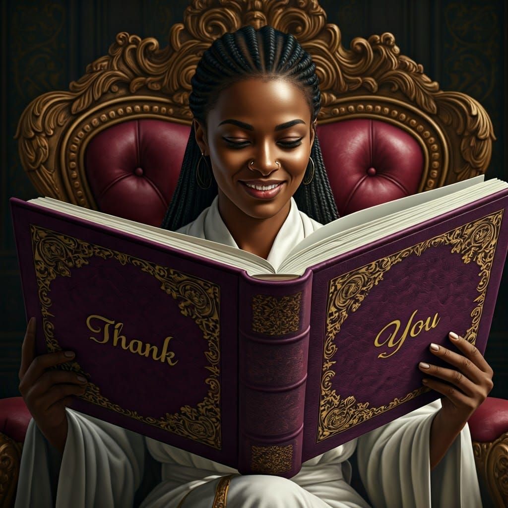 African Woman Reading Book with Golden Details