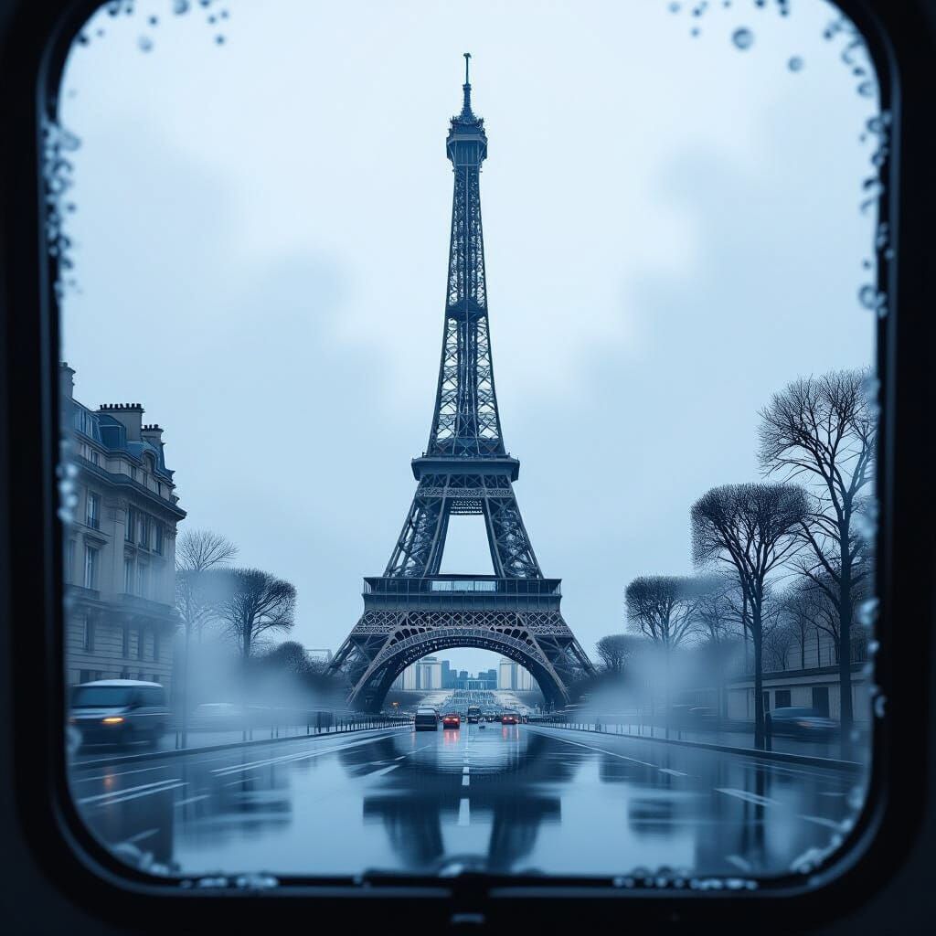 Eiffel Tower Formed from Cold Vapor on Bus Window