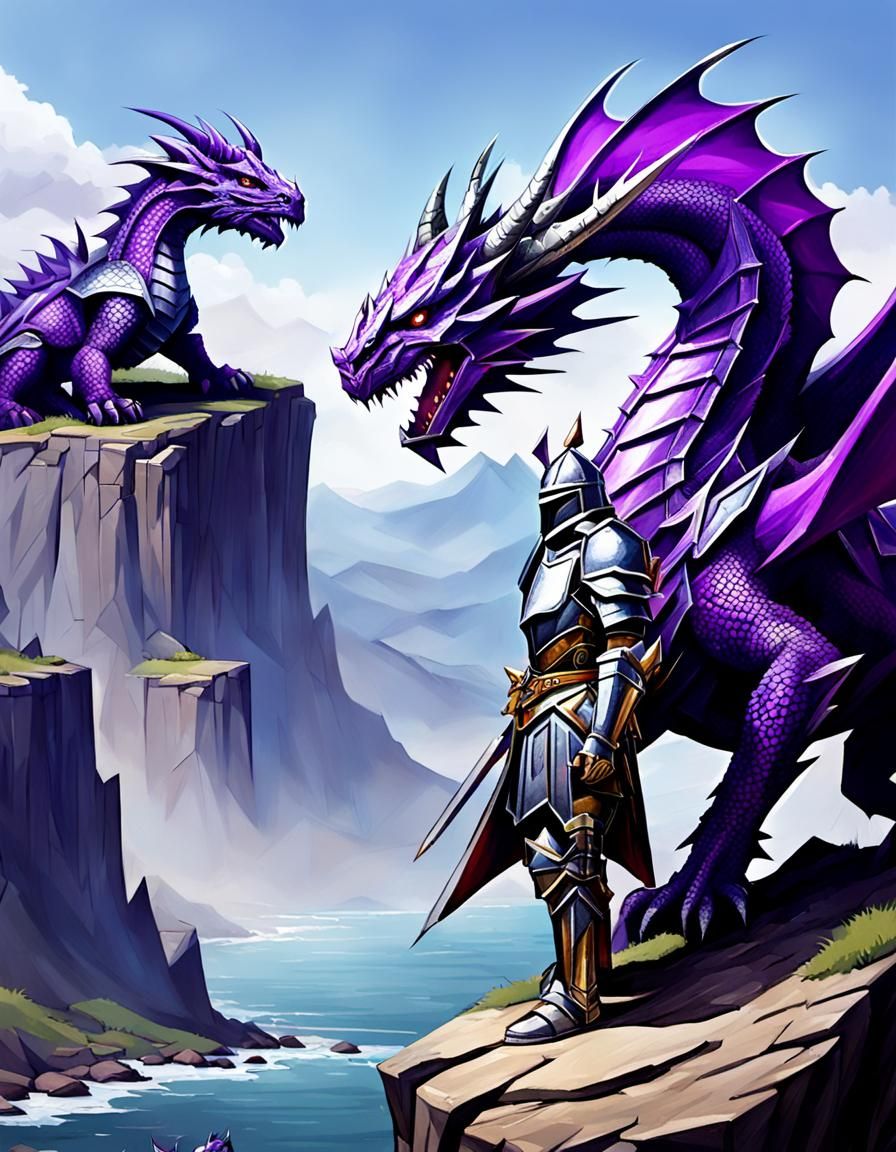 Armored Knight and Purple Dragon on Cliff