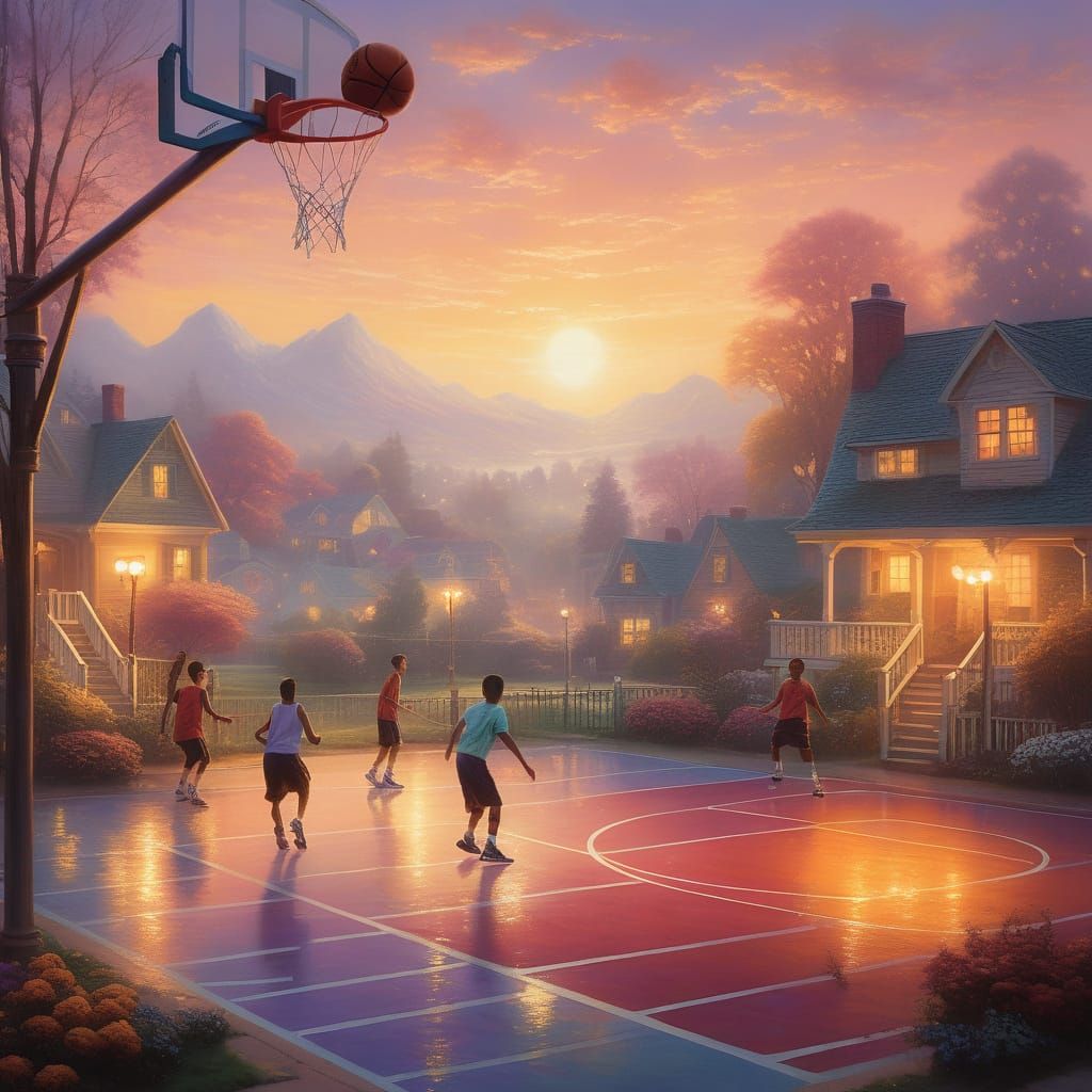 Kids Playing Basketball at Sunset in Kinkade Style