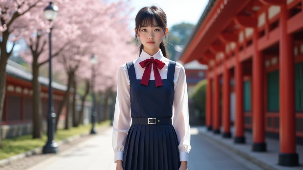 Japanese Schoolgirl in Spring Cherry Blossoms