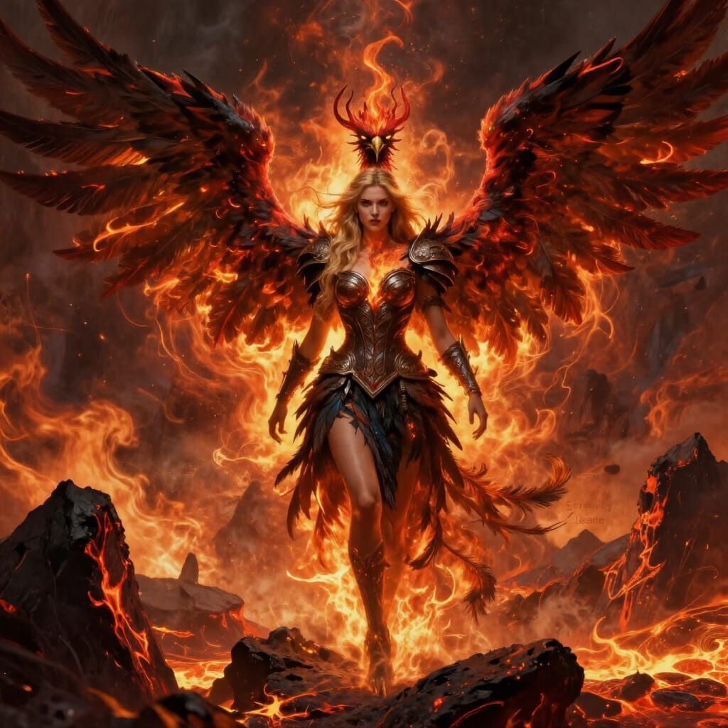Fantasy Woman Beside Colossal Phoenix in Volcanic Inferno