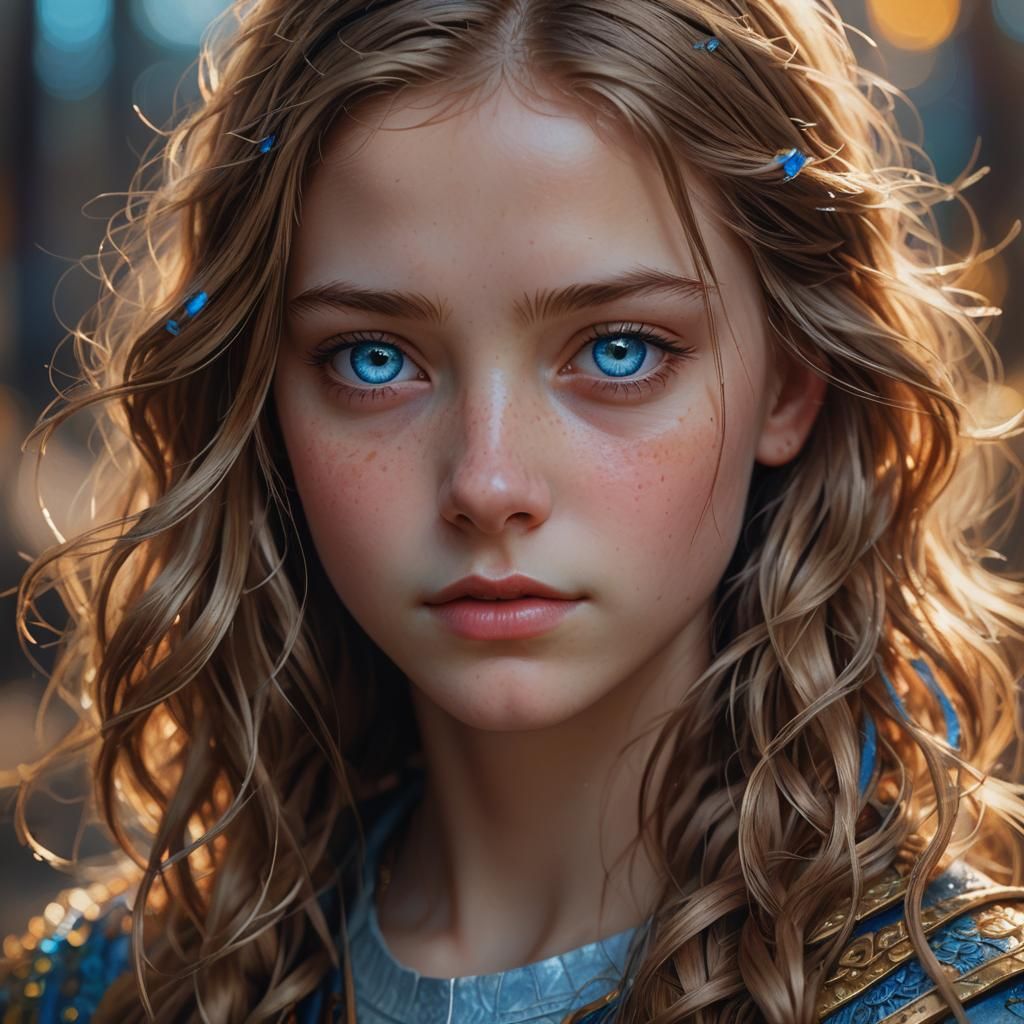 Blue-Eyed Girl: Hyper-Realistic Digital Portrait in Art Nouv...