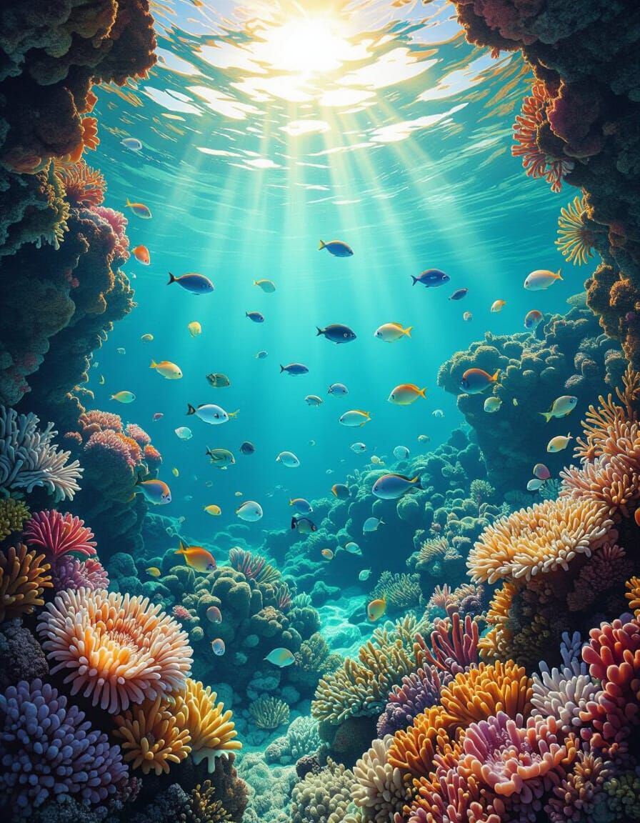 Vibrant Coral Reef with Exotic Fish in Sunlight