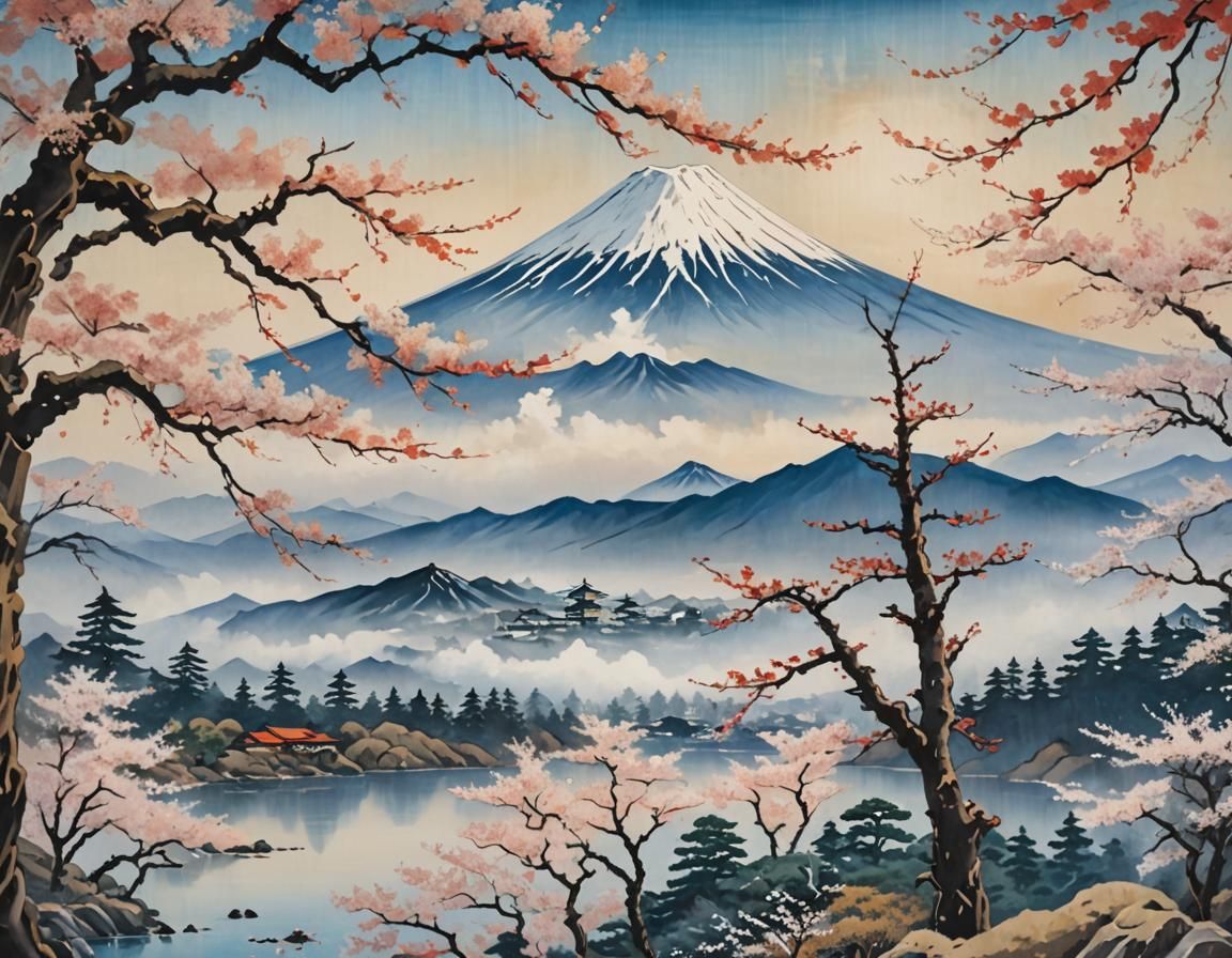 Mount Fuji: Ukiyo-e Oil Painting with Gold Leaf