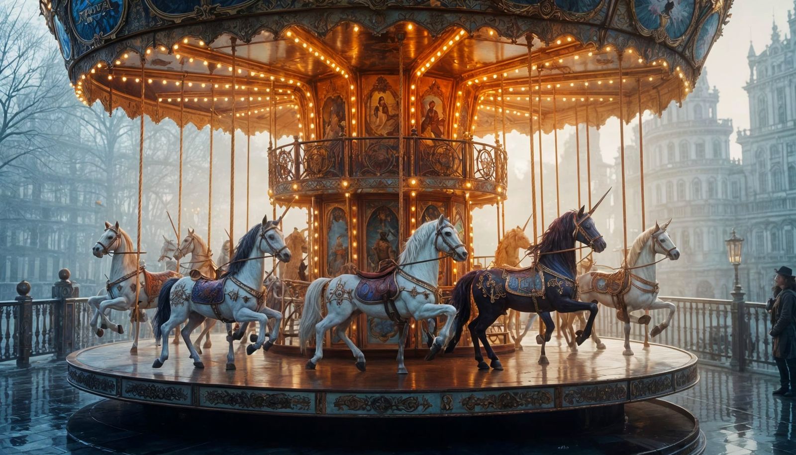 Crystal Carousel with Mythical Creatures in Sfumato Style