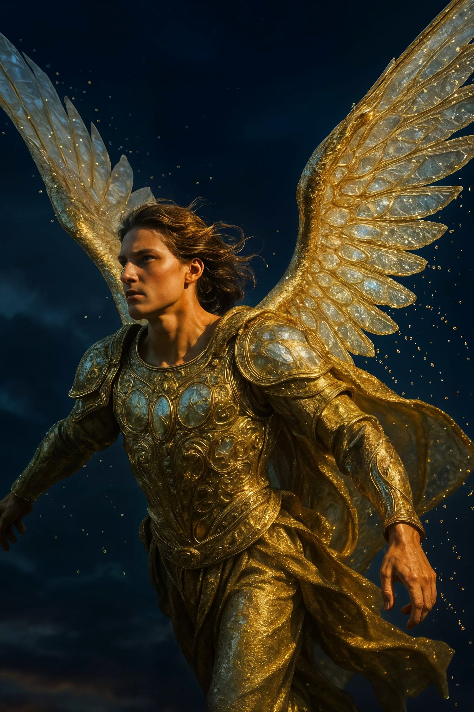 Majestic Golden Angel in Flight