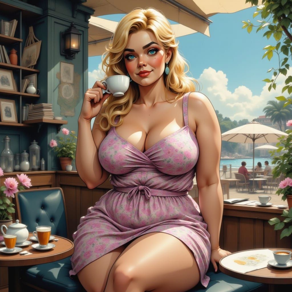 Curvy Blonde at Cafe: Photorealistic Beach Scene