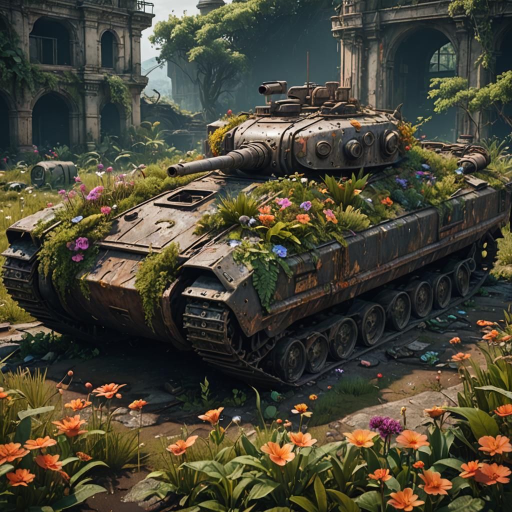 Abandoned Tank Reclaimed by Nature in Detailed Matte Paintin...