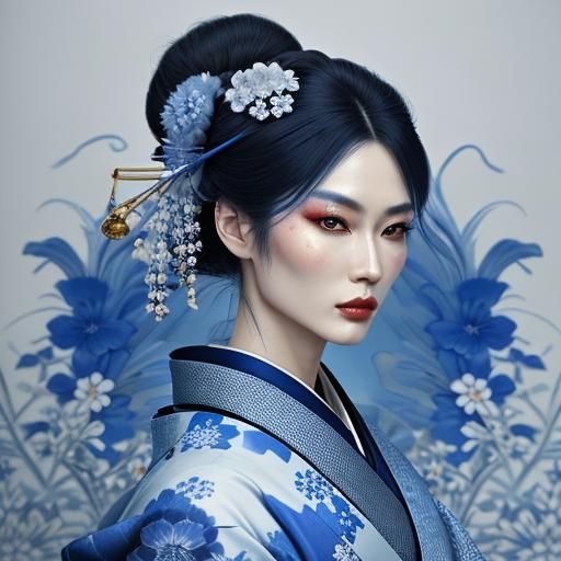 Hyperrealistic Woman in Kimono with Porcelain Print
