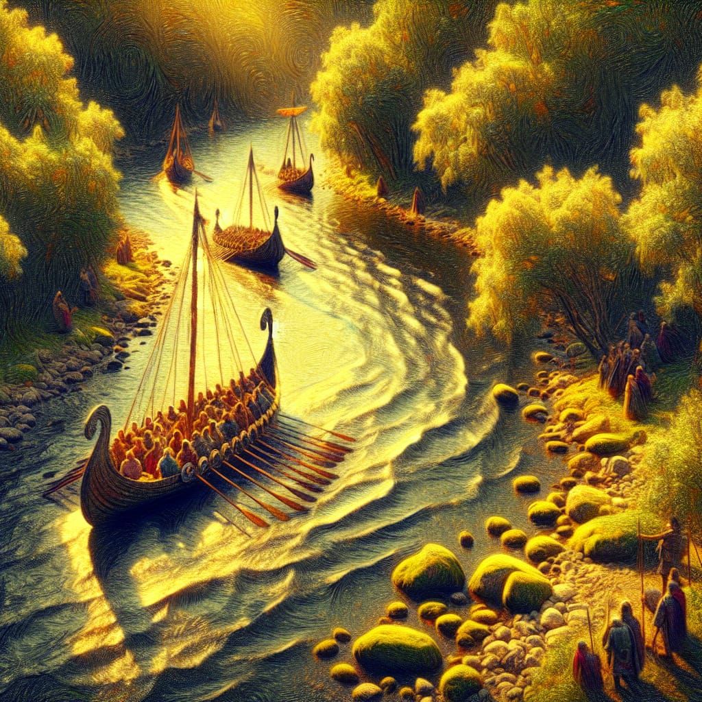 Viking Drakkars on Winding River as Oil Painting