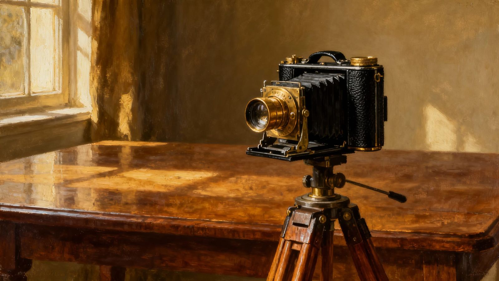 Vintage Camera on Tripod Realistic Painting