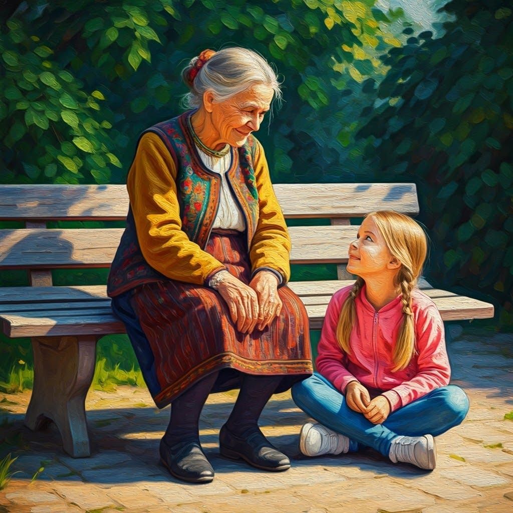 Generational Wisdom: Elderly Woman and Child, Impressionist ...