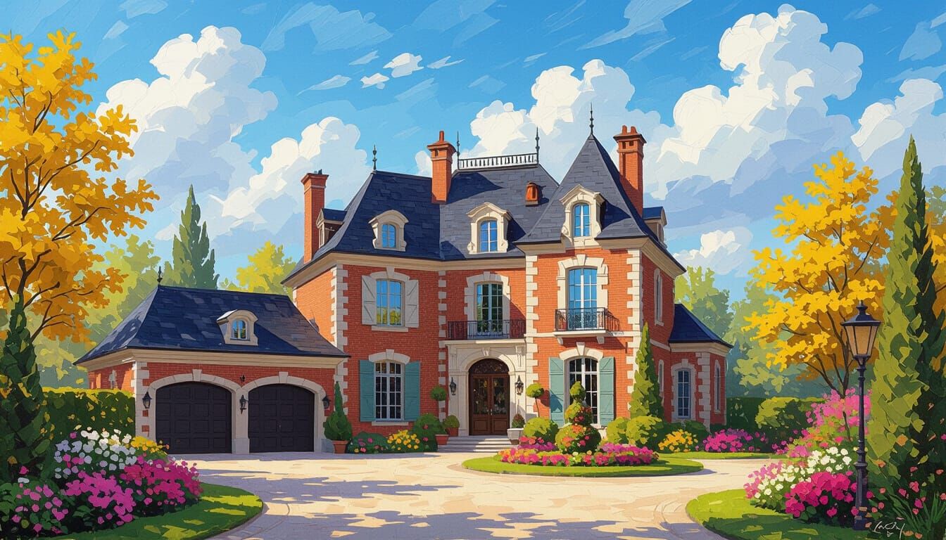 Grand Chateau with Vibrant Garden and Painterly Style