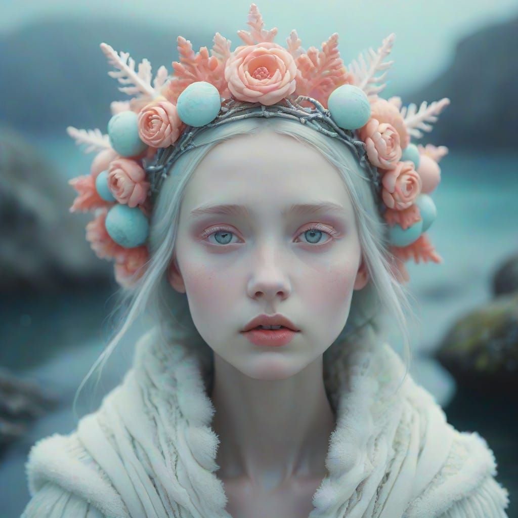 Ethereal Eskimo Goddess in Vibrant Coral Crown