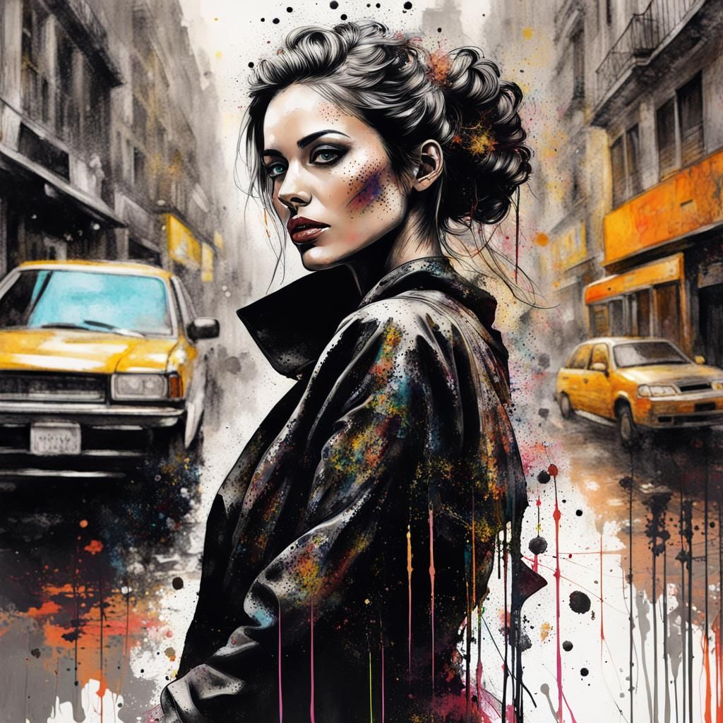 Cyberpunk Lady Portrait with Ink Splatter Effect