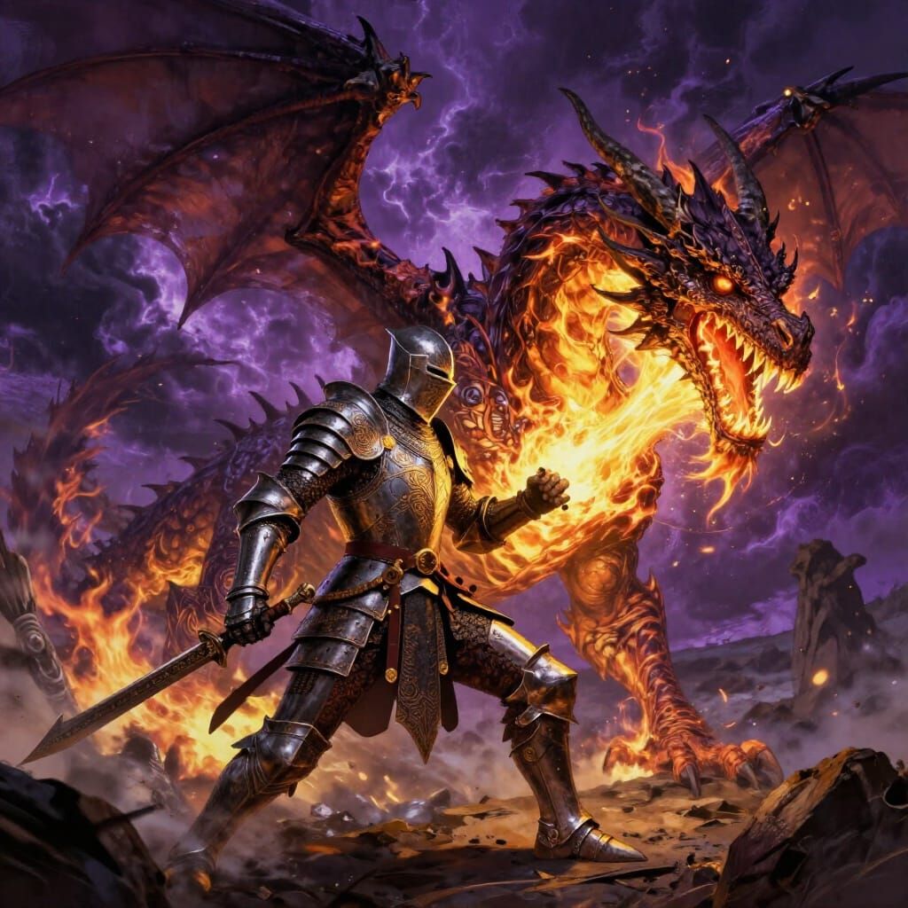 Knight Battles Colossal Fire Dragon in Dark Fantasy Art