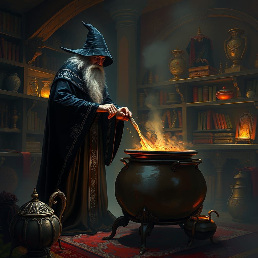Mystical Wizard Brewing Potion in Fantasy Chamber
