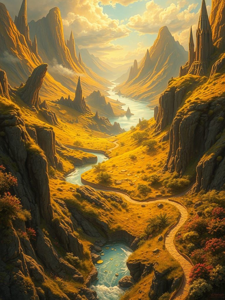 Ethereal Fantasy Realm with Golden Treasure