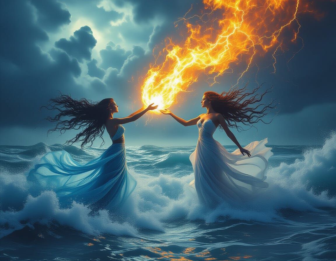 Water Spirit Meets Fire Entity in Surreal Ocean Encounter