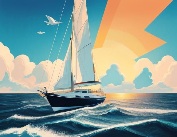 Surreal Sailboat Sails Through Cloudy Skies in Triadic Color...