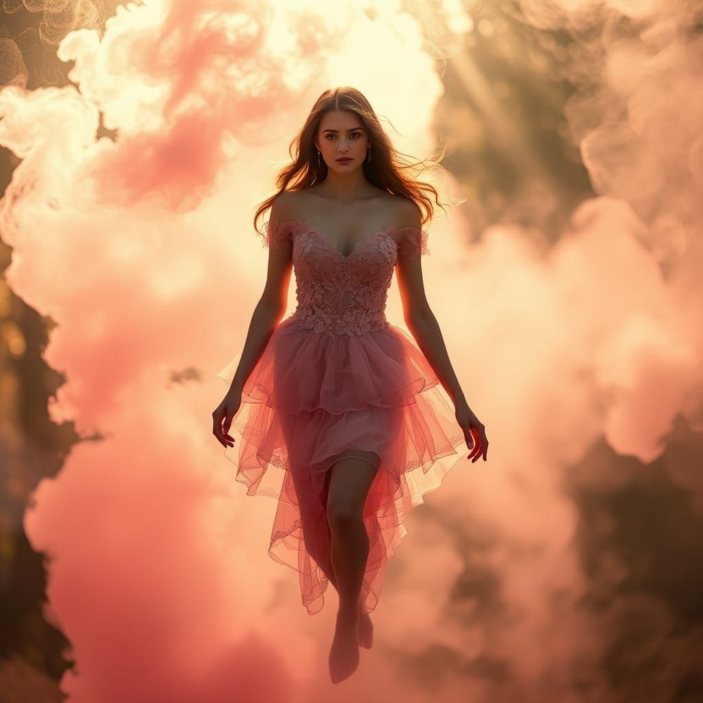 Woman in Pink Lace Gown Amidst Ethereal Smoke
