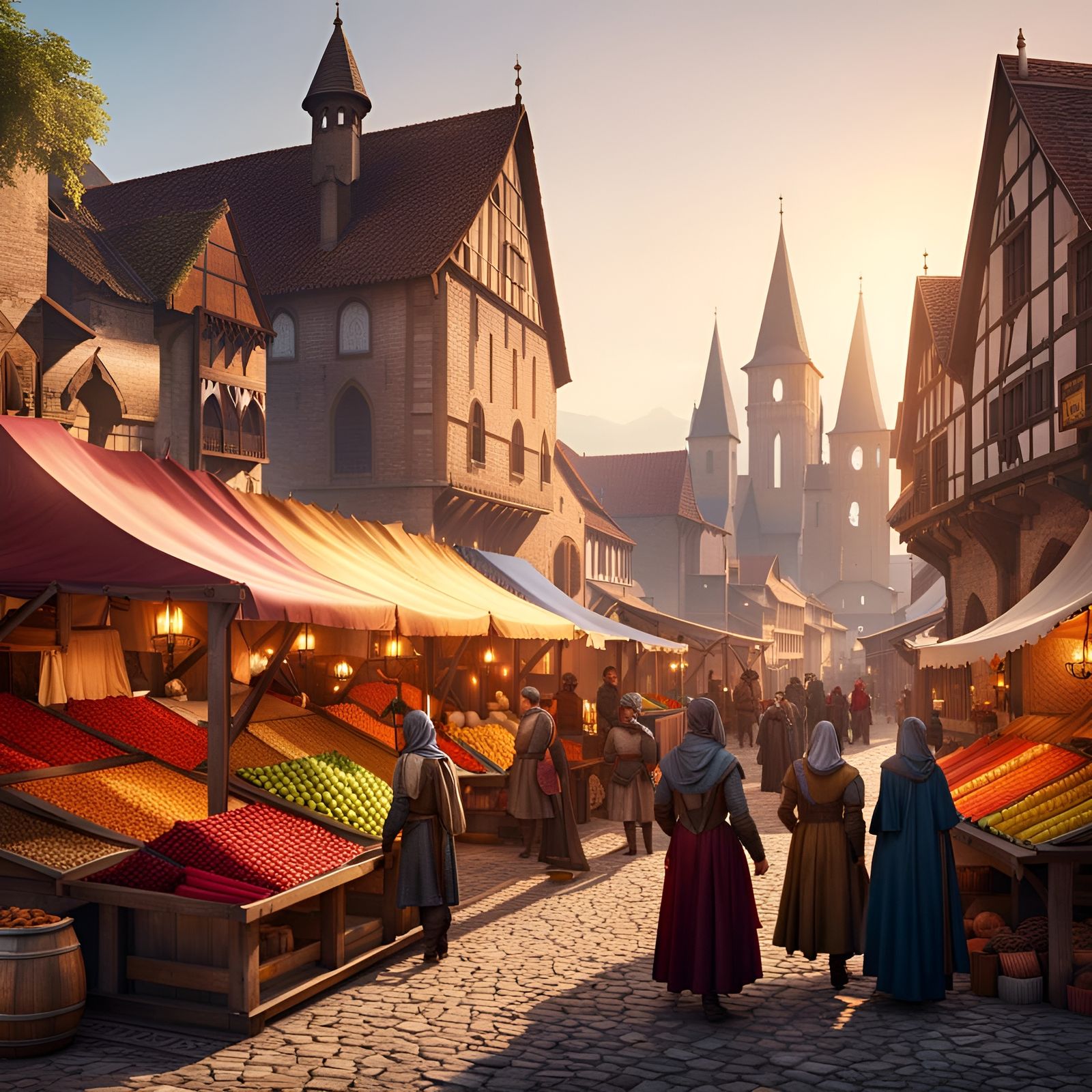 Vibrant Medieval Marketplace at Sunset in 8K