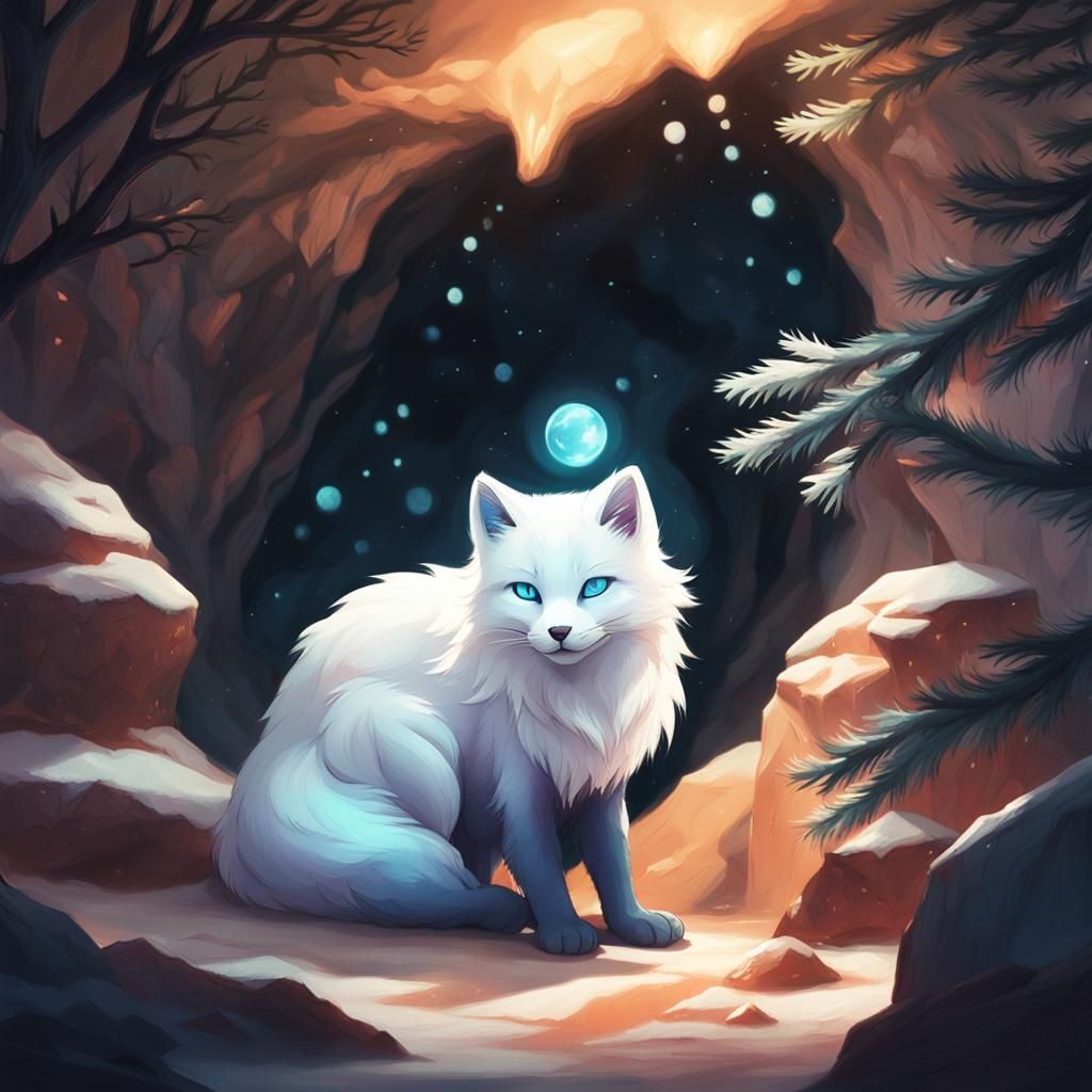 Cute Cat-Fox Creature in Marbled Cave, Concept Art