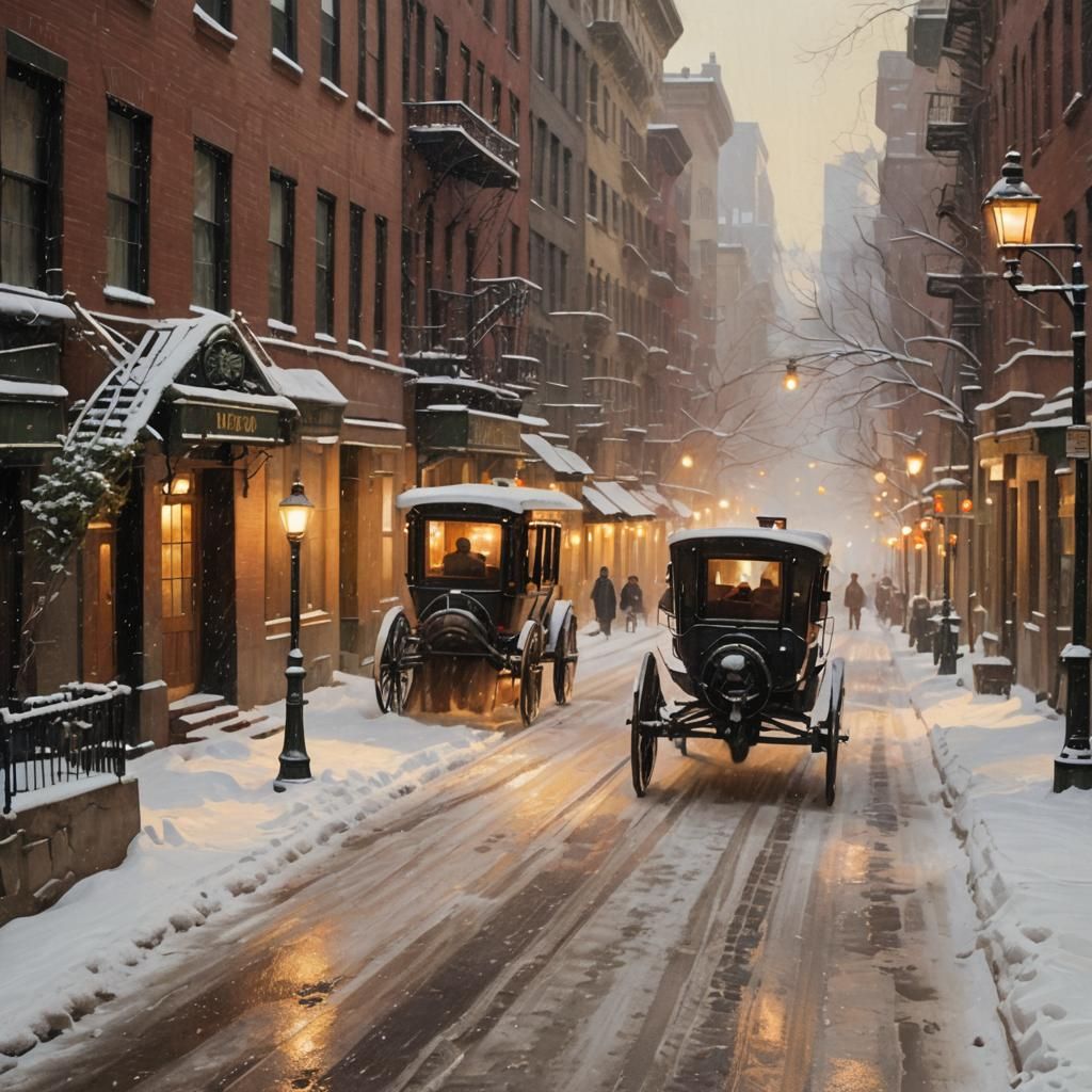 Snowy New York City Street Scene as Impressionist Painting