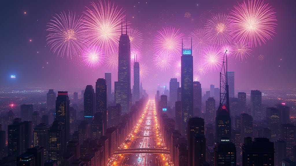 Vibrant Cityscape at Night with Fireworks in a Violet Sky