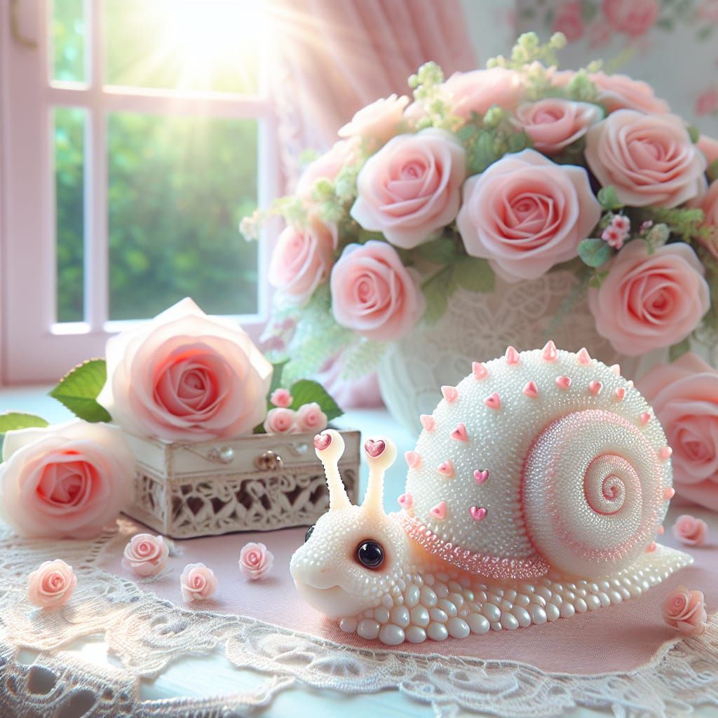Adorable Pearl Snail with Pink Roses in Sunlight