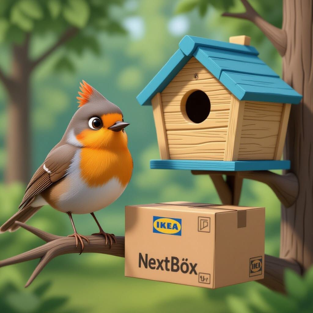Proud Robin's New Nest Box in 3D Cartoon Style