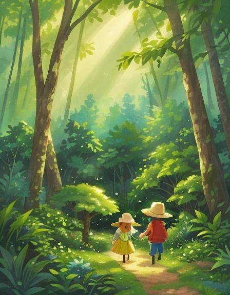 Mother and Child in Forest, Whimsical Watercolor Art