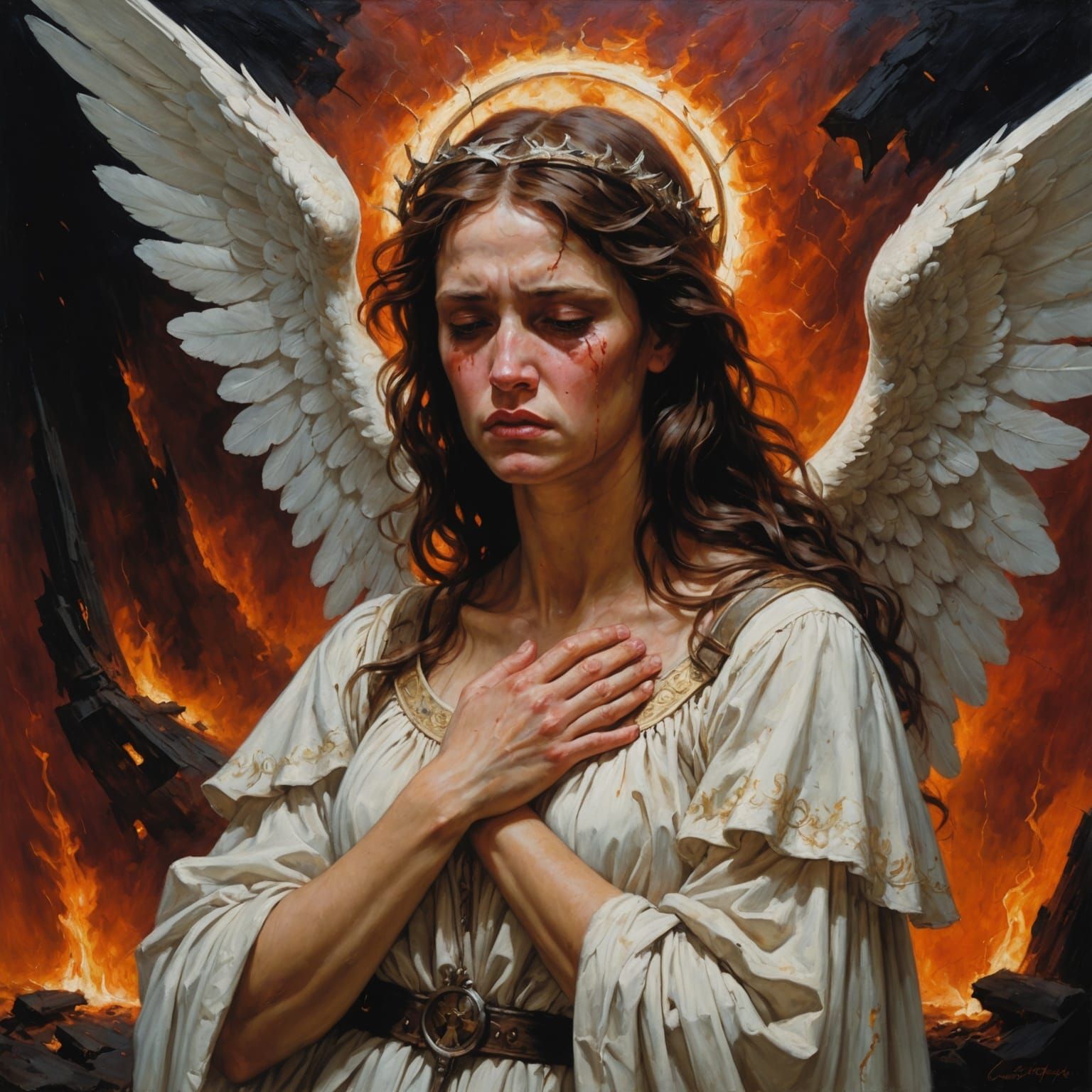 Shattered Angel Weeps in Hellscape Painting