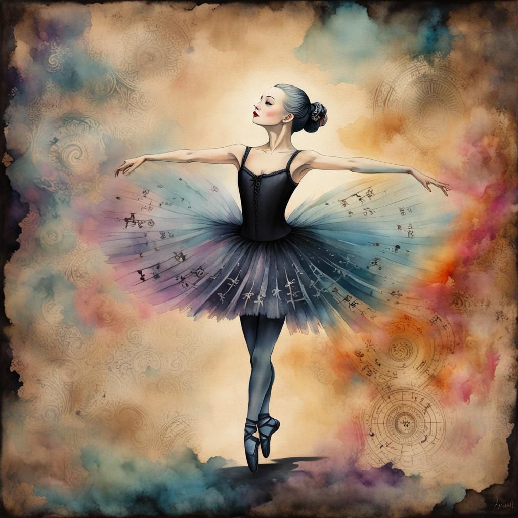 Elderly Chibi Ballerina in Gothic Watercolor Mist