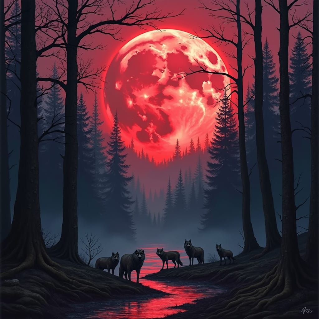 Moonlit Wolves in a Haunting Forest