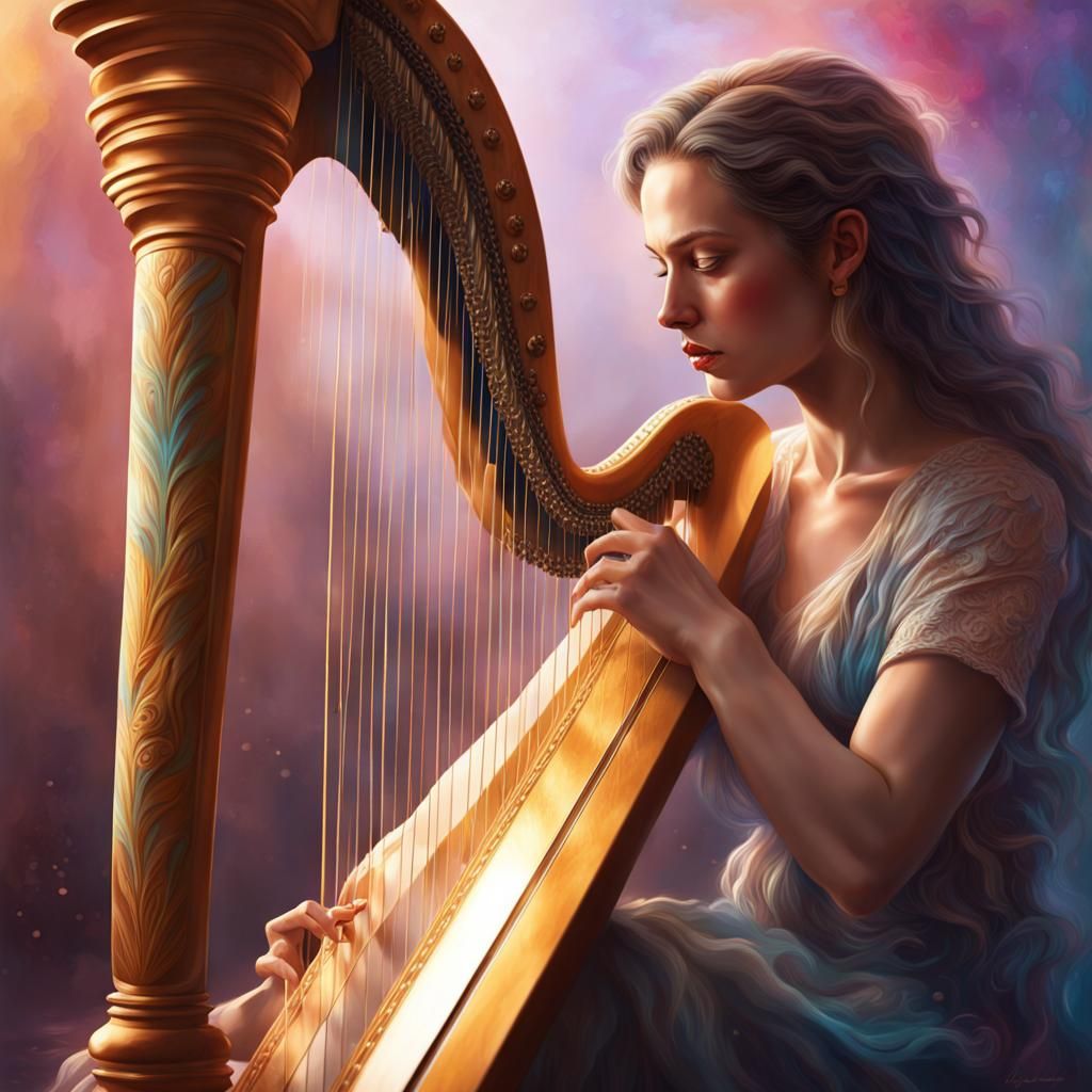 Woman Playing Harp in Hyperrealistic Splash Art