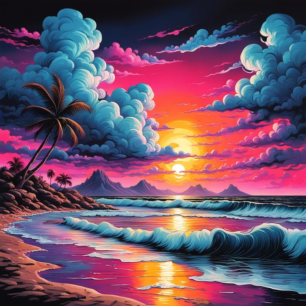 Vaporwave Sunset Beach Graffiti Art