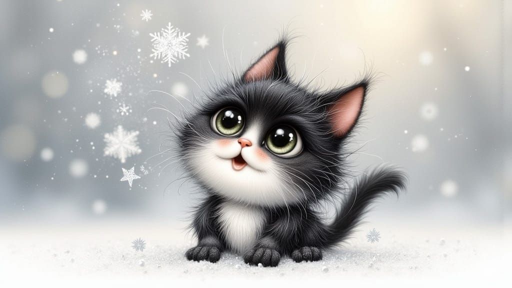 Whimsical Winter Cat in Delicate Snowfall Dreamscape