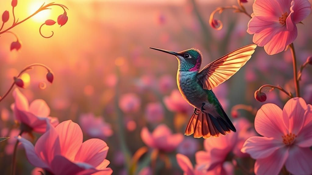 Hummingbird in a Blooming Garden of Eden
