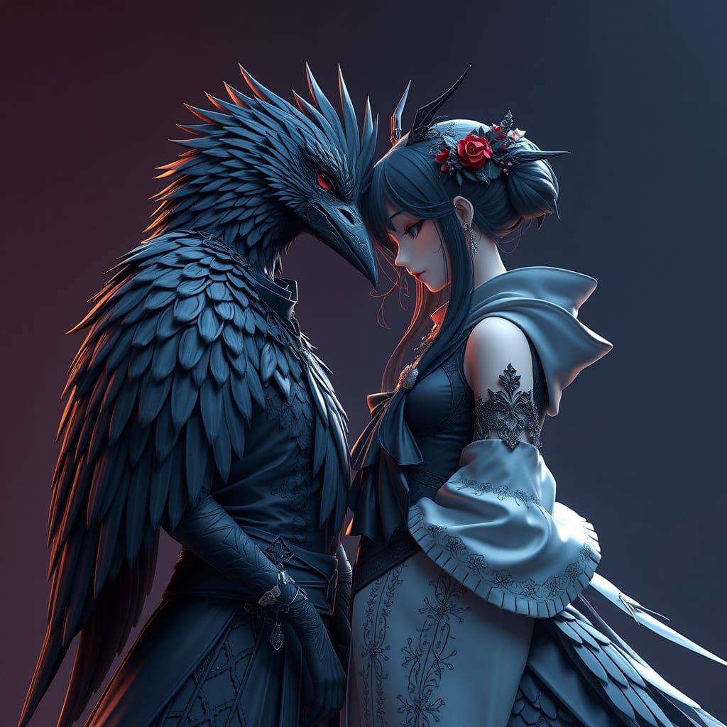 Crow and Lady in Crow Outfit: 3D Anime Art