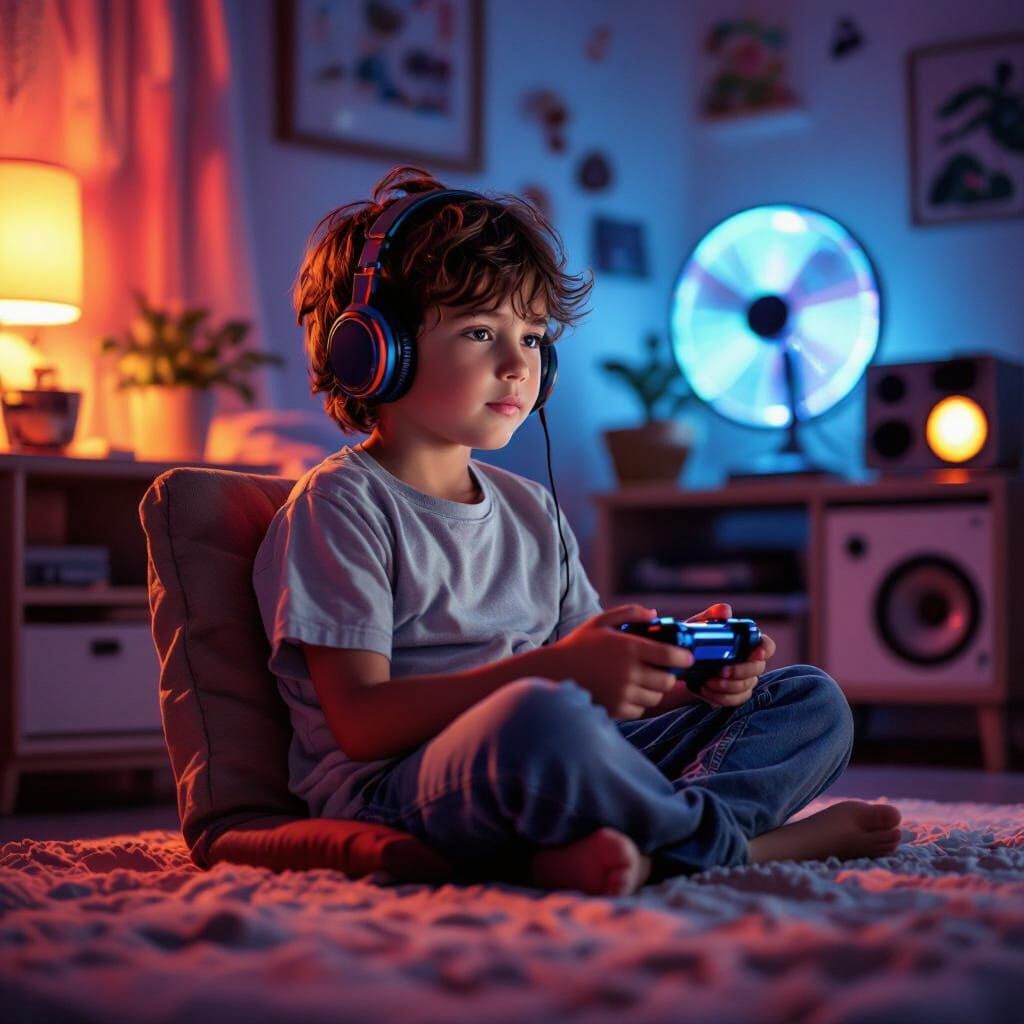 Boy Gaming in Warmly Lit Room, Hybrid Style